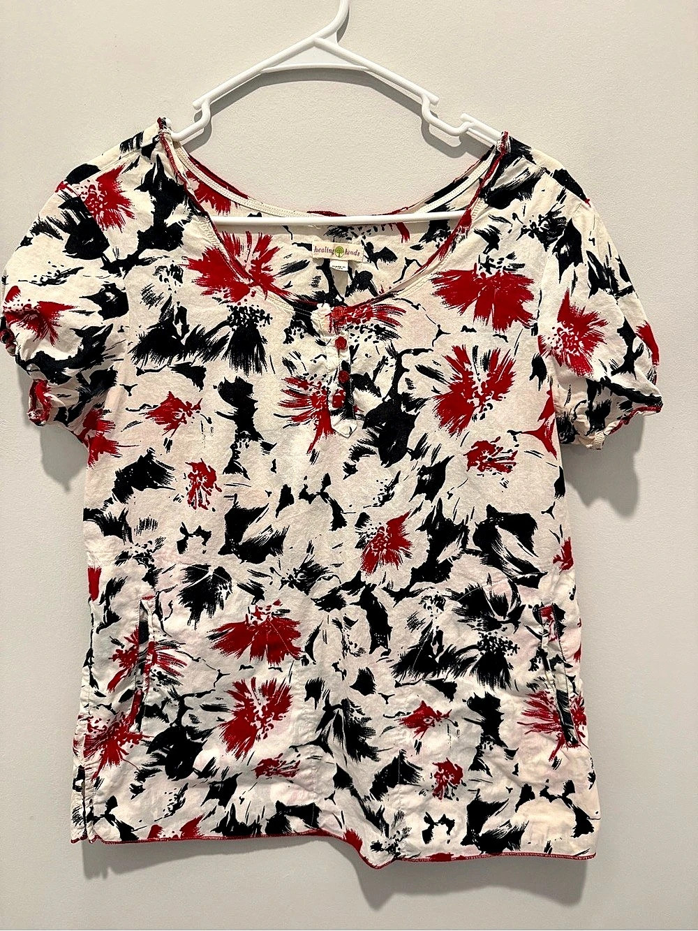 Healing Hands Print Scrub Top Blouse White & Red - Small